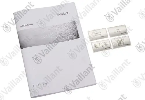Weißes Handbuch der Marke Vaillant mit verschiedenen technischen Informationen, begleitet von vier kleineren, transparenten Etiketten mit Produktdetails.